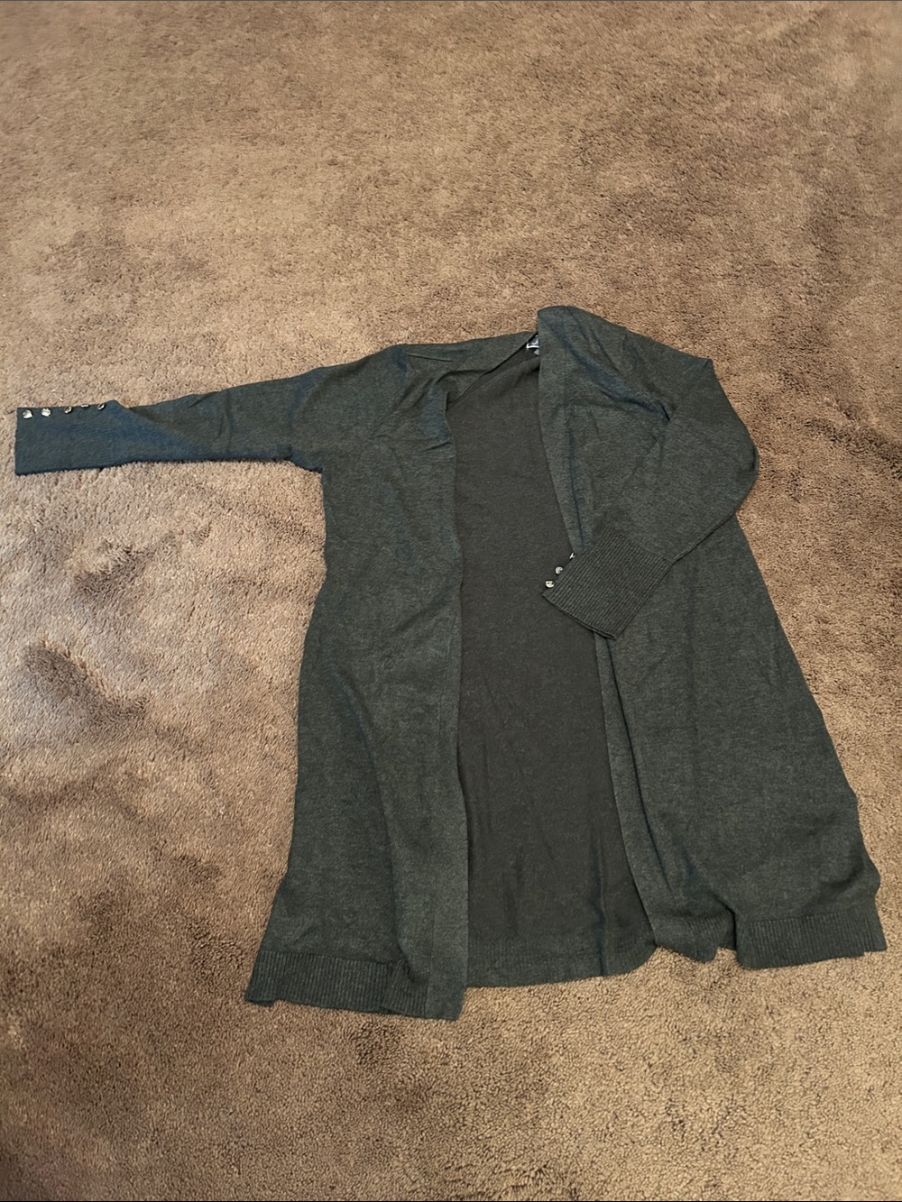 JM Collection Charcoal Open-Front Long Cardigan with Button Cuffs